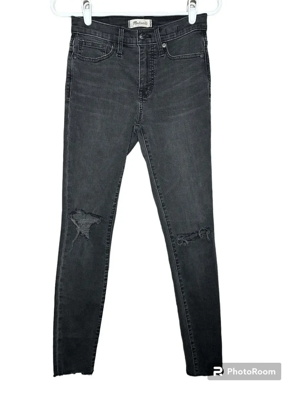 Madewell 9” High Rise Waisted Skinny Jeans Black Distressed Black Seas Size 26